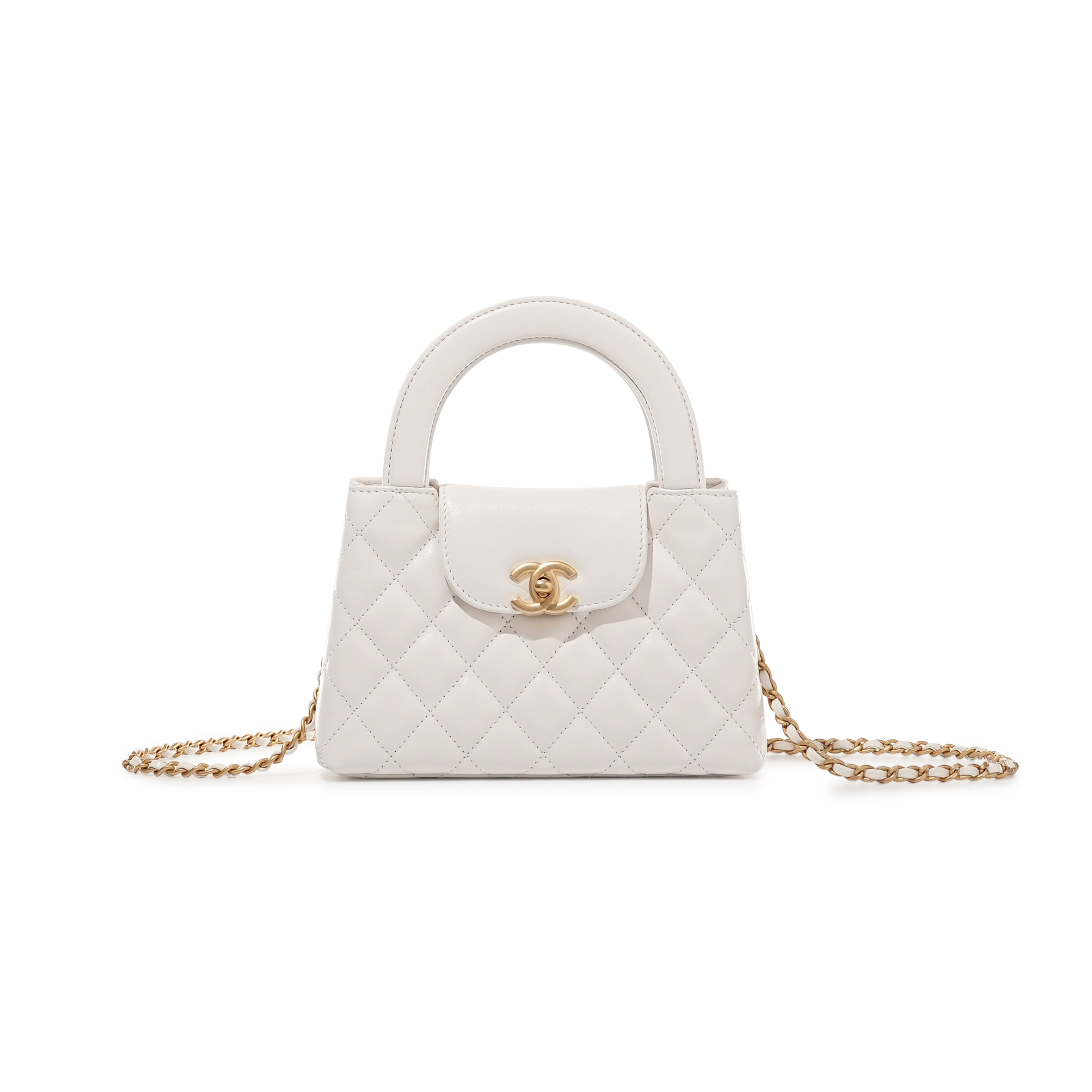 CHANEL WHITE QUILTED AGED CALFSKIN MINI KELLY BAG BRUSHED GOLD HARDWARE AS4416 (19*13*7cm)